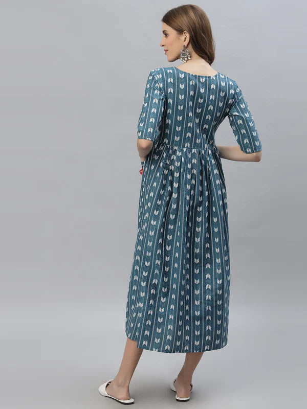 BLUE SELF DESIGN COTTON BLEND MAXI DRESS