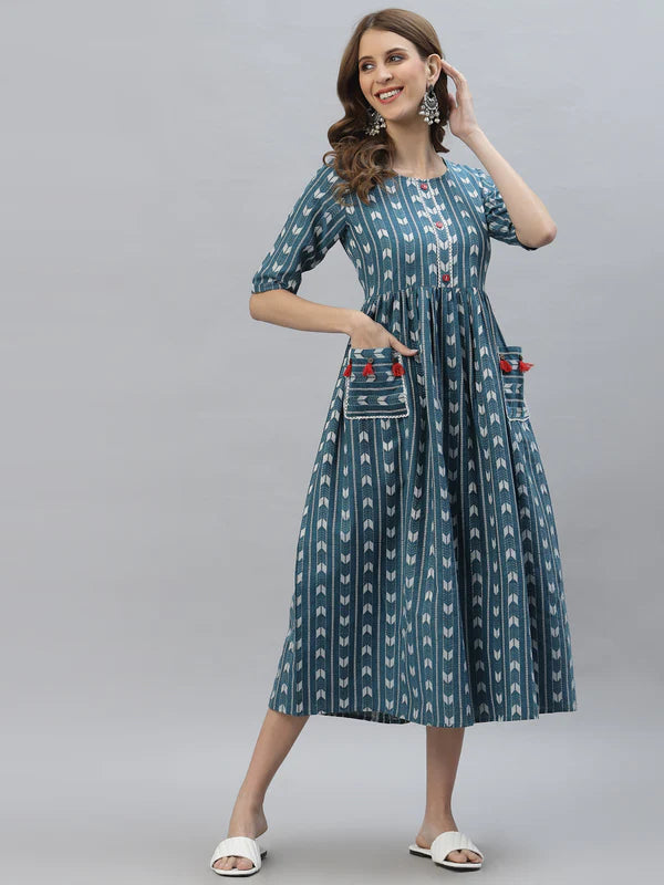 BLUE SELF DESIGN COTTON BLEND MAXI DRESS