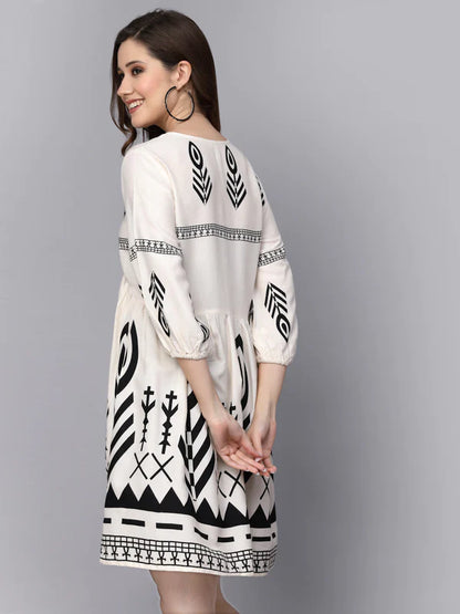 PRINTED RAYON FLARED DRESS