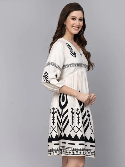 PRINTED RAYON FLARED DRESS