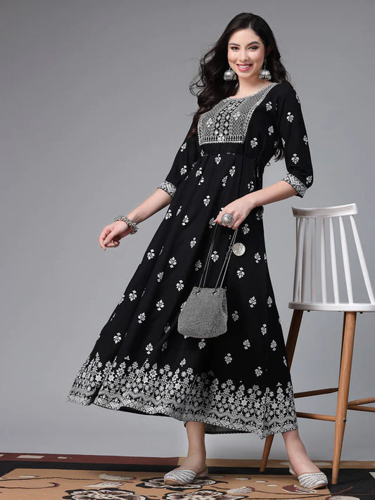 BLACK PRINTED & EMBROIDERD RAYON ANARKALI KURTA