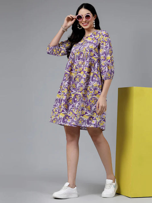 FLORAL PRINTED COTTON FLARED DRESS