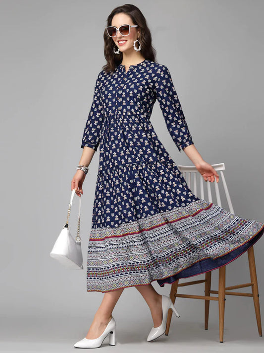 PRINTED RAYON TIERED DRESS KURTA