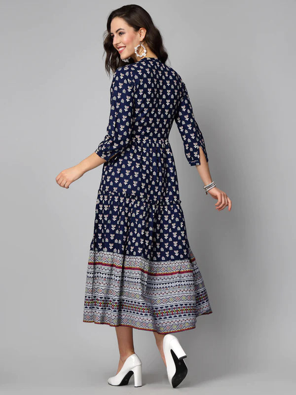 PRINTED RAYON TIERED DRESS KURTA