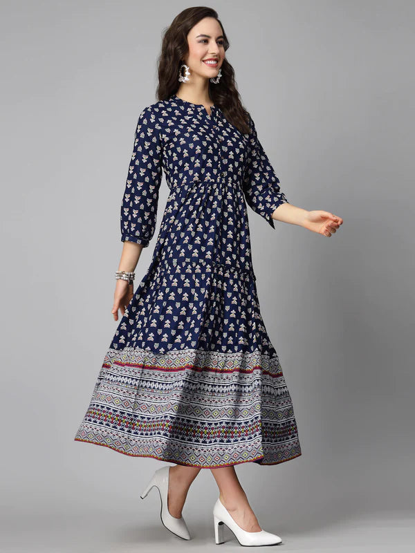 PRINTED RAYON TIERED DRESS KURTA