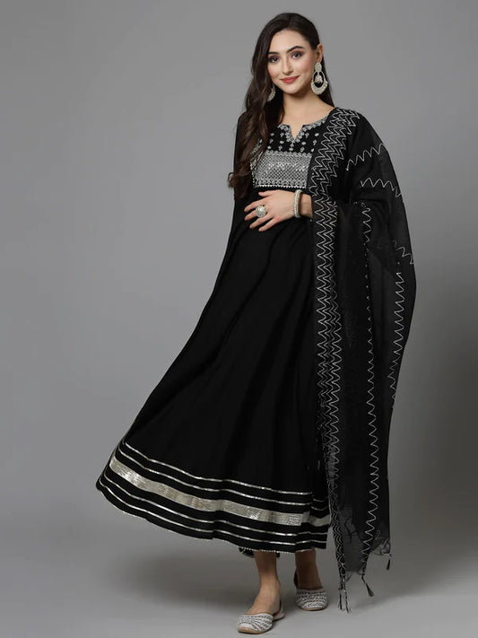 EMBROIDERED RAYON ANARKALI KURTA WITH DUPATTA