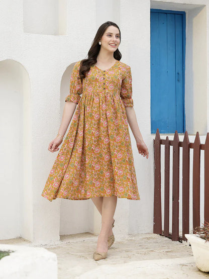 FLORAL PRINTED COTTON A-LINE MIDI DRESS