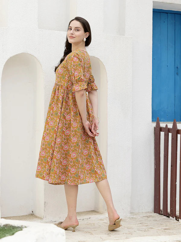 FLORAL PRINTED COTTON A-LINE MIDI DRESS