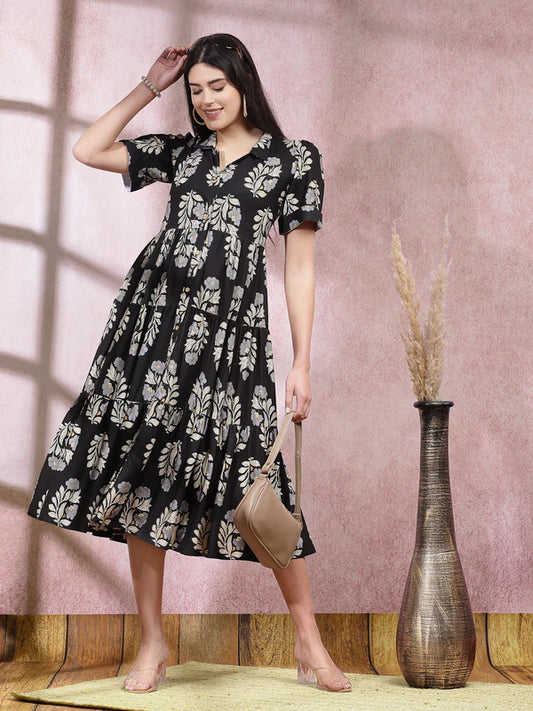 FLORAL PRINTED RAYON TIERED DRESS