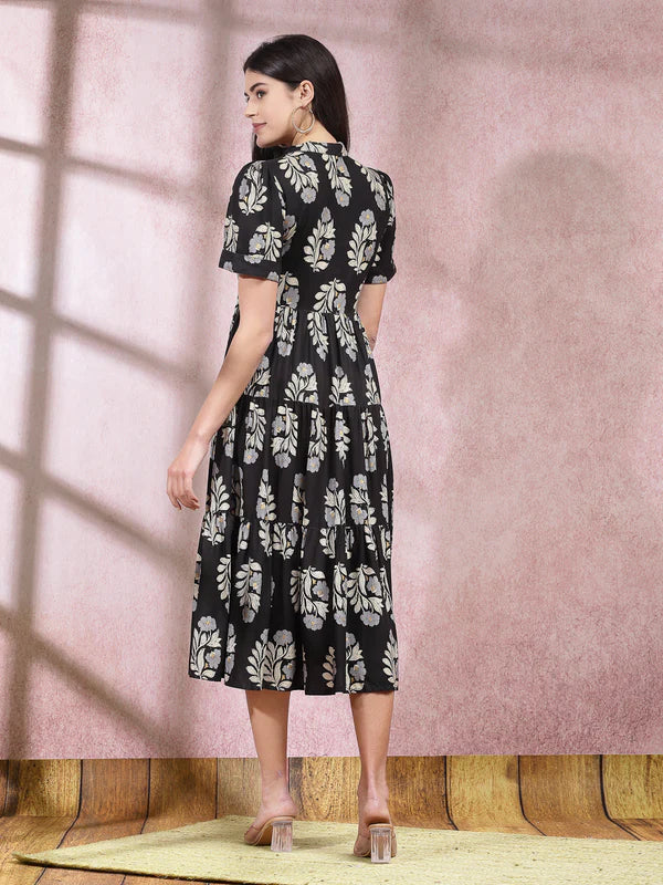 FLORAL PRINTED RAYON TIERED DRESS