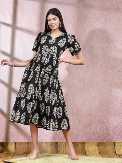 FLORAL PRINTED RAYON TIERED DRESS