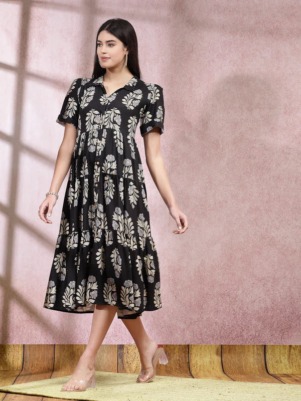 FLORAL PRINTED RAYON TIERED DRESS