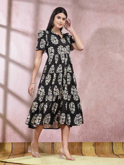 FLORAL PRINTED RAYON TIERED DRESS