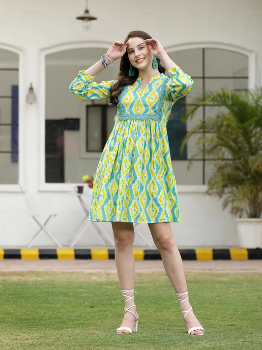 TROPICAL PRINTED COTTON A-LINE DRESS