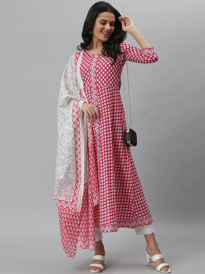 PRINTED COTTON A-LINE KURTA DUPATTA SET (PINK)