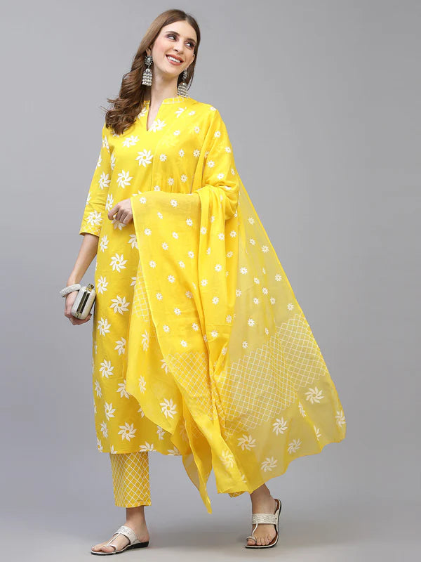 PRINTED COTTON STRAIGHT KURTA PANT DUPATTA SET