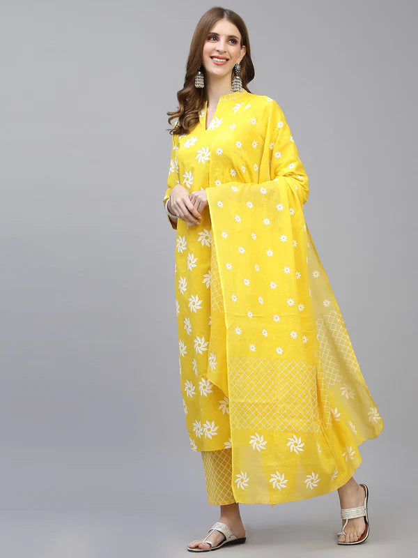 PRINTED COTTON STRAIGHT KURTA PANT DUPATTA SET