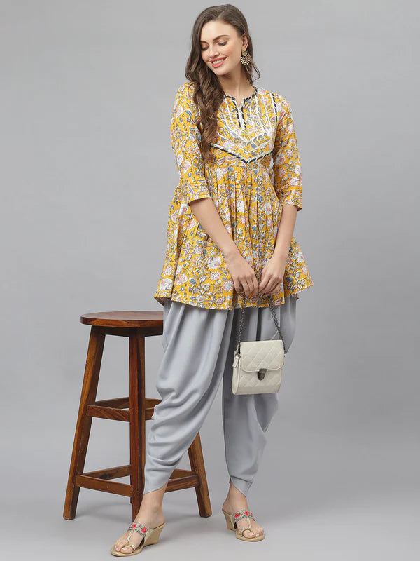 FLORAL PRINTED COTTON PLEATED KURTA DHOTI PANT SET