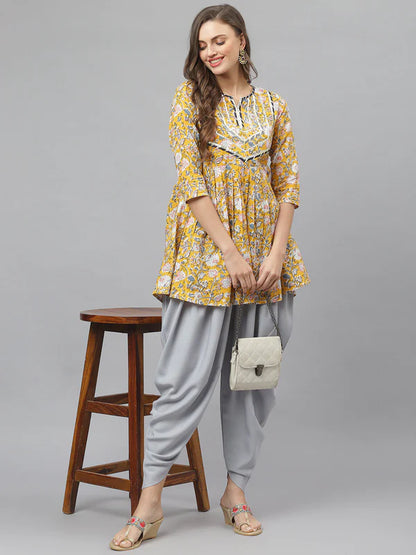 FLORAL PRINTED COTTON PLEATED KURTA DHOTI PANT SET