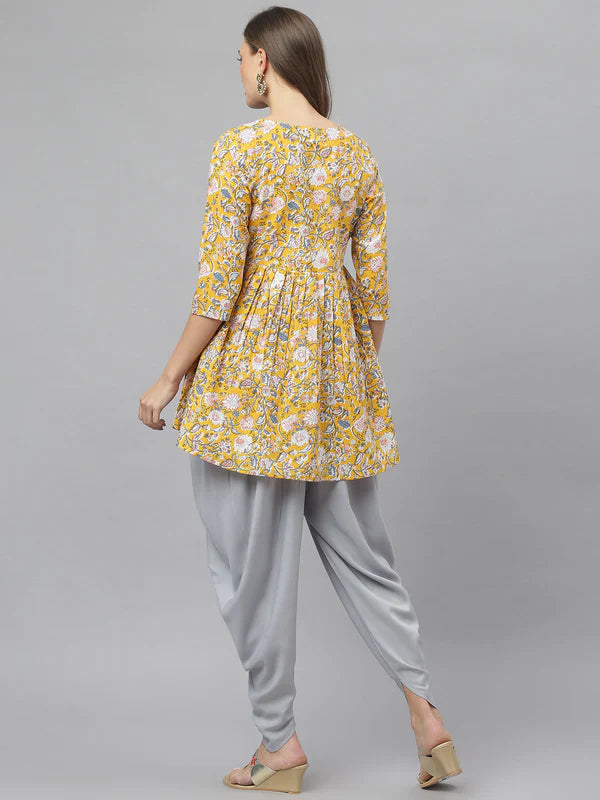 FLORAL PRINTED COTTON PLEATED KURTA DHOTI PANT SET