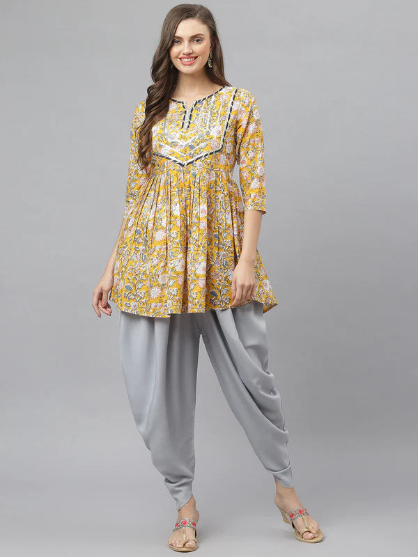 FLORAL PRINTED COTTON PLEATED KURTA DHOTI PANT SET