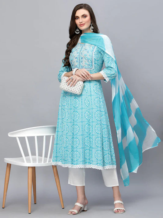 BANDHEJ PRINTED & EMBROIDERED ANARKALI KURTA PANT DUPATTA SET