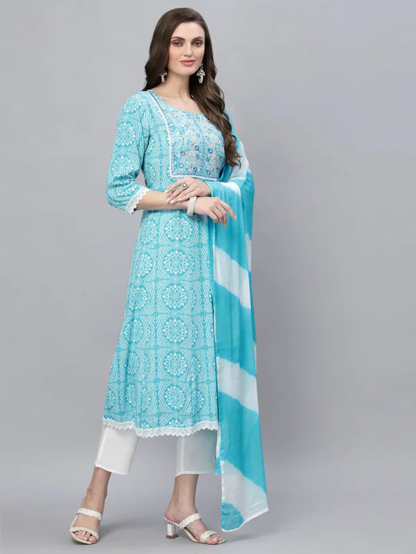 BANDHEJ PRINTED & EMBROIDERED ANARKALI KURTA PANT DUPATTA SET