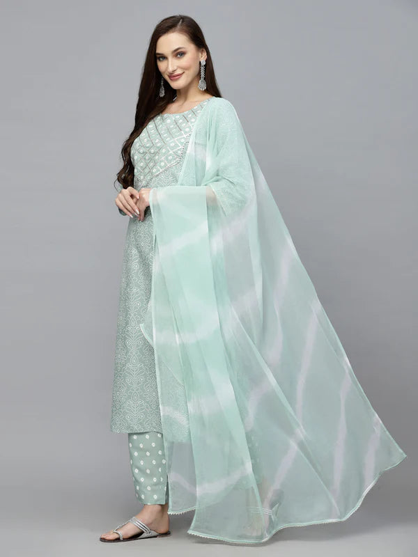 GREEN BANDHEJ PRINTED RAYON KURTA PANT DUPATTA SET