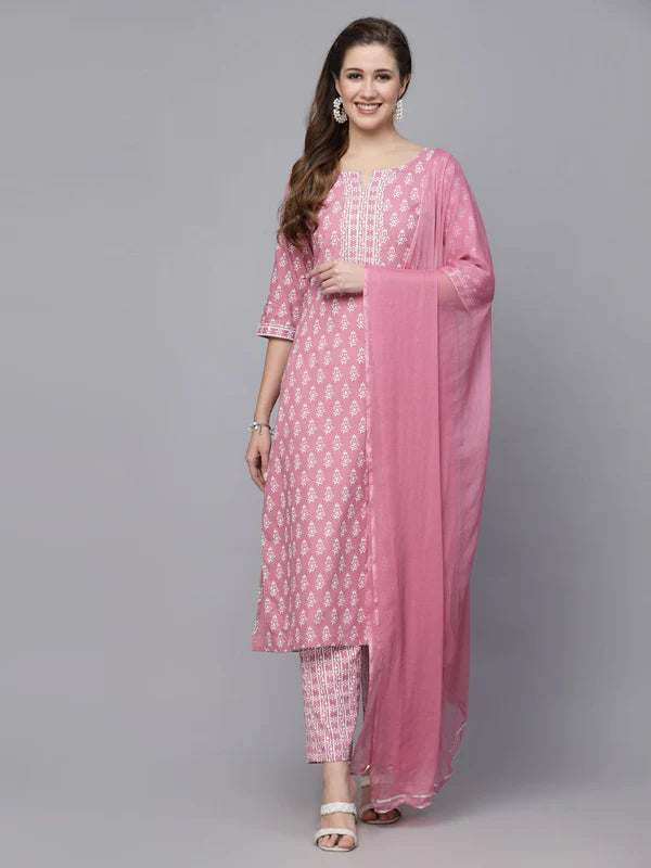 FLORAL PRINTED RAYON KURTA PANT DUPATTA SET