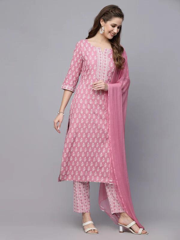 FLORAL PRINTED RAYON KURTA PANT DUPATTA SET