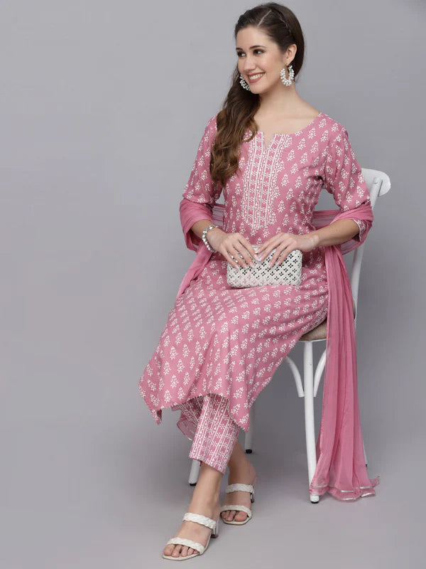 FLORAL PRINTED RAYON KURTA PANT DUPATTA SET