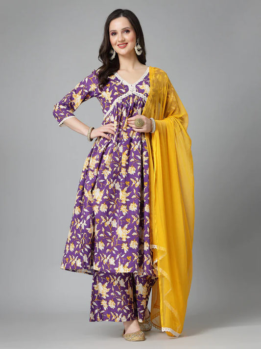 FLORAL PRINTED COTTON PLEATED KURTA PALAZZO DUPATTA SET