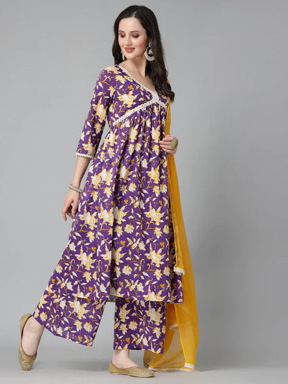 FLORAL PRINTED COTTON PLEATED KURTA PALAZZO DUPATTA SET