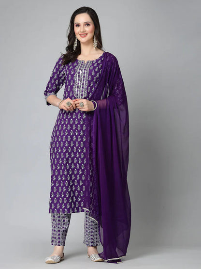 FLORAL PRINTED RAYON STRAIGHT KURTA PANT DUPATTA SET