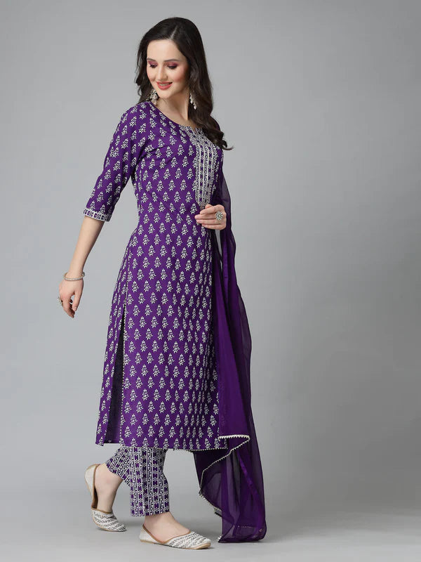 FLORAL PRINTED RAYON STRAIGHT KURTA PANT DUPATTA SET