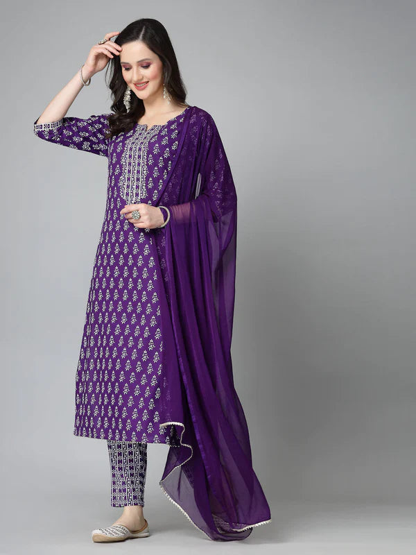 FLORAL PRINTED RAYON STRAIGHT KURTA PANT DUPATTA SET