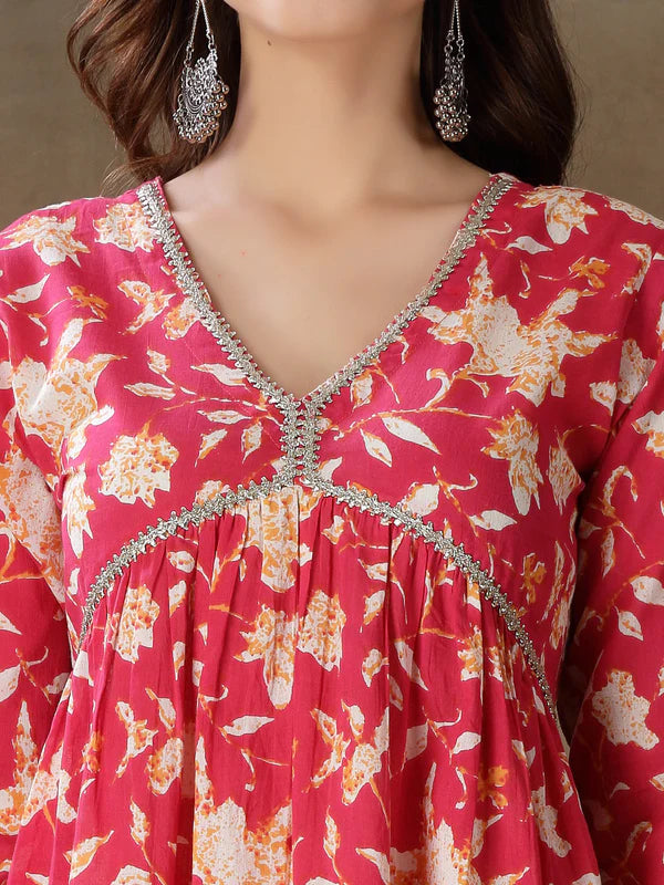 PINK FLORAL PRINTED COTTON PLEATED KURTA PALAZZO DUPATTA SET