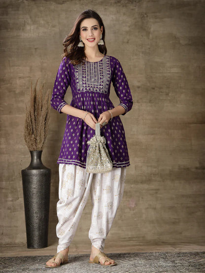 PRINTED & EMBROIDERED RAYON KURTI WITH DHOTI PANT