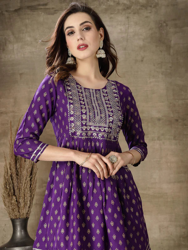 PRINTED & EMBROIDERED RAYON KURTI WITH DHOTI PANT