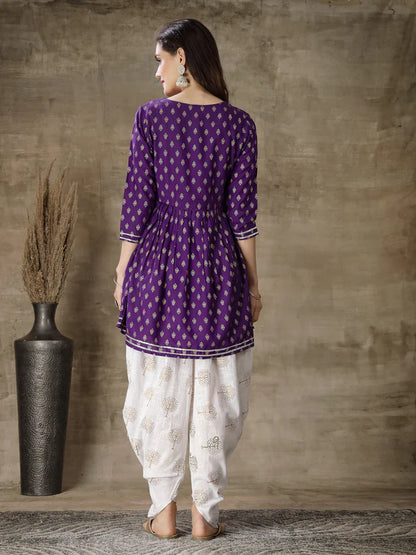 PRINTED & EMBROIDERED RAYON KURTI WITH DHOTI PANT