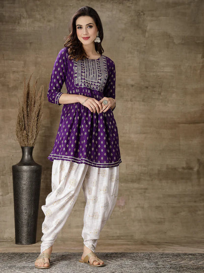 PRINTED & EMBROIDERED RAYON KURTI WITH DHOTI PANT