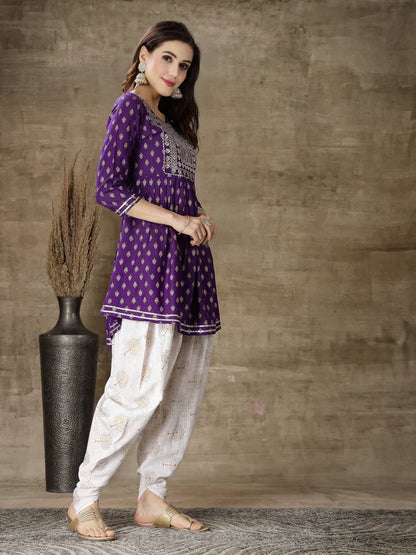 PRINTED & EMBROIDERED RAYON KURTI WITH DHOTI PANT