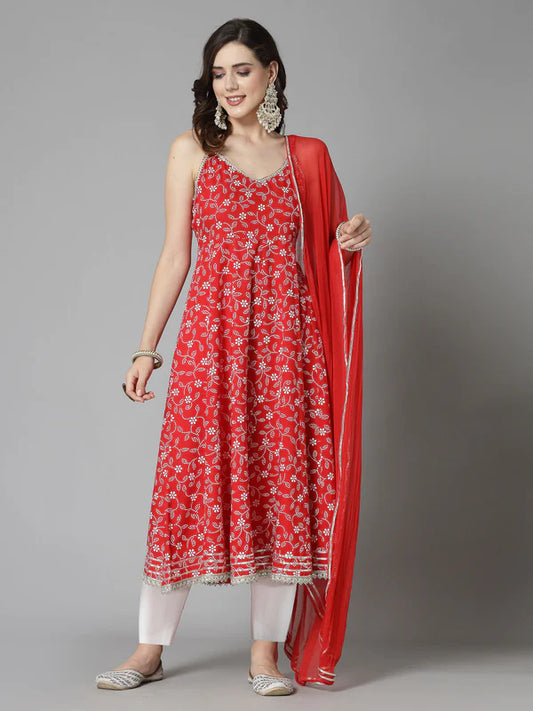 FLORAL PRINTED RAYON ANARKALI KURTA PANT DUPATTA SET