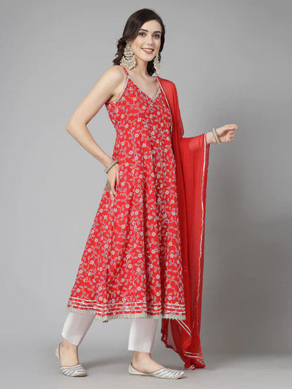 FLORAL PRINTED RAYON ANARKALI KURTA PANT DUPATTA SET