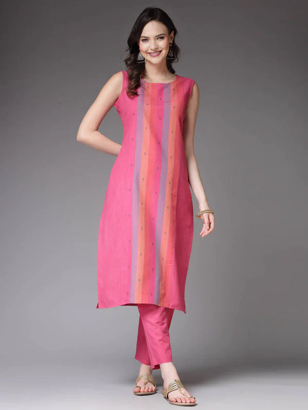 WOVEN DESIGNED COTTON BLEND STRAIGHT KURTA PANT SET