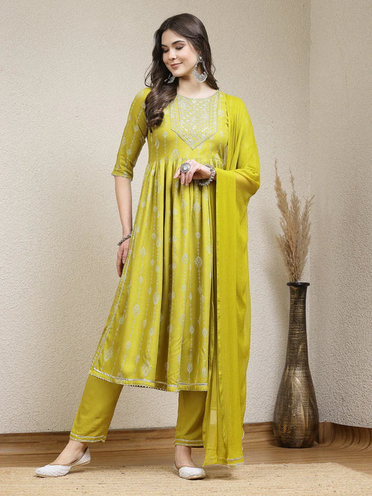 PRINTED & EMBROIDERED NAIRA CUT KURTA PANT DUPATTA SET