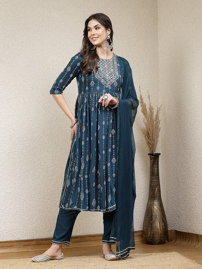 PRINTED & EMBROIDERED NAIRA CUT KURTA PANT DUPATTA SET