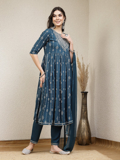 PRINTED & EMBROIDERED NAIRA CUT KURTA PANT DUPATTA SET