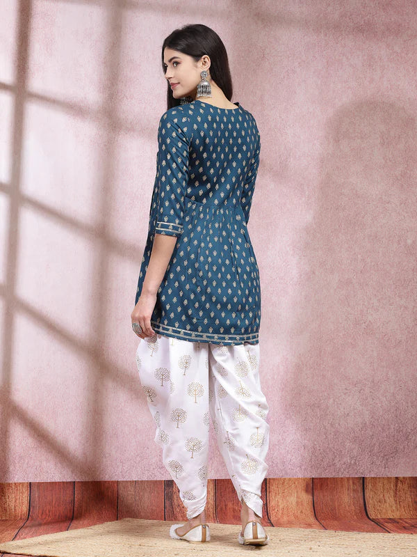 PRINTED & EMBROIDERED RAYON KURTI WITH DHOTI PANT