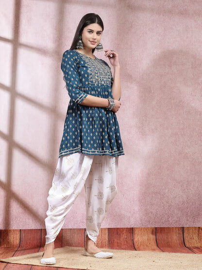 PRINTED & EMBROIDERED RAYON KURTI WITH DHOTI PANT